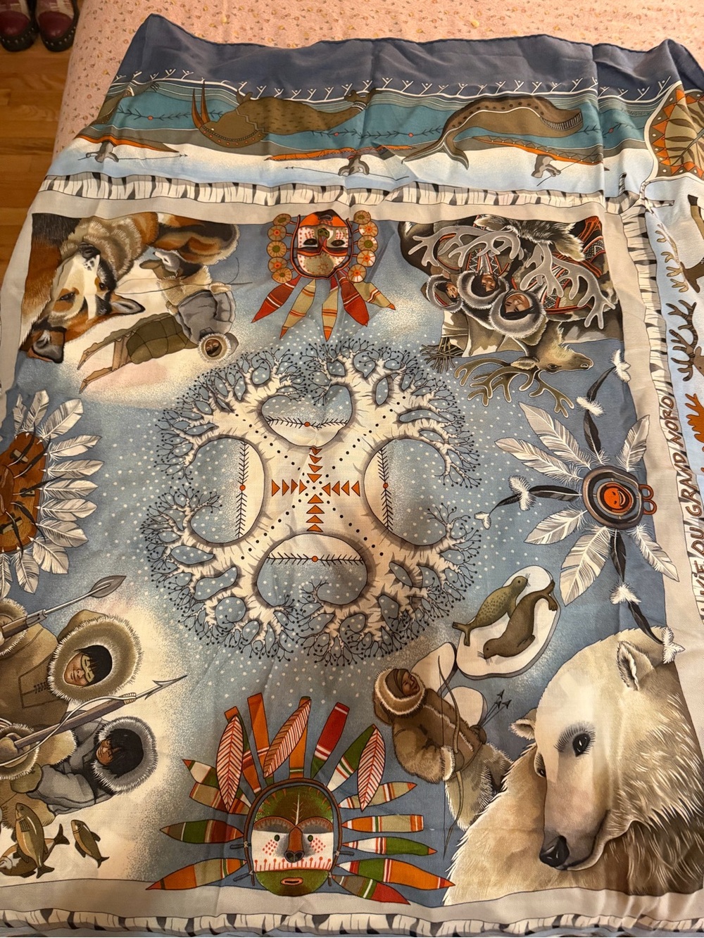 Hermes Blue and Cream Arctic Wildlife Silk Scarf